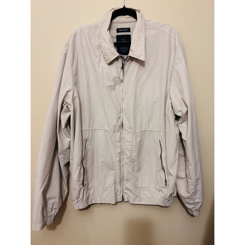 Nautica Harrington Jacket Mens XL Beige Good Zip Up Cotton Blend Windbreaker